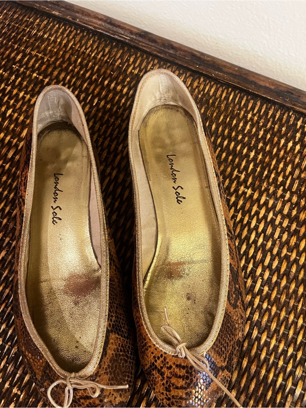 London Sole Metallic Gold-Insole Brown Snake-Print Ballet Flats